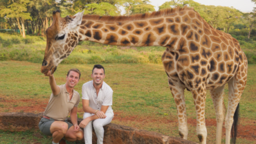 a gay couple feeding a giraffe at Giraffe manor in Nairobi, Kenya
